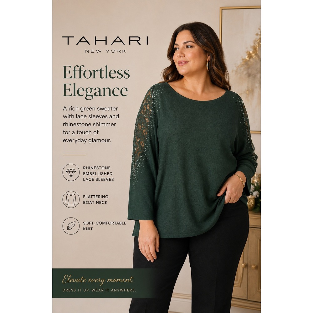 NEW Tahari Women's Green Embellished Lace Sleeve Sweater Plus Sizeโ 3X